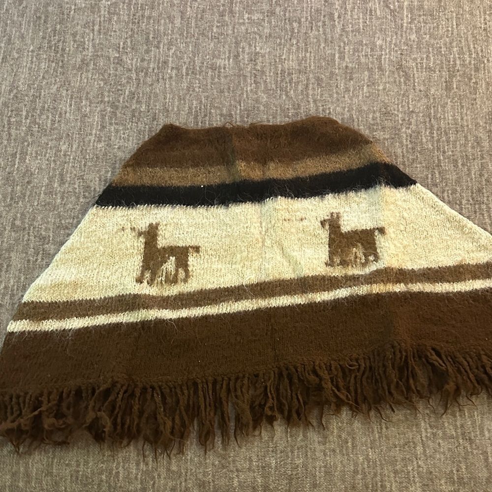 Vintage Brown and Cream Knit Poncho with Llama Design
